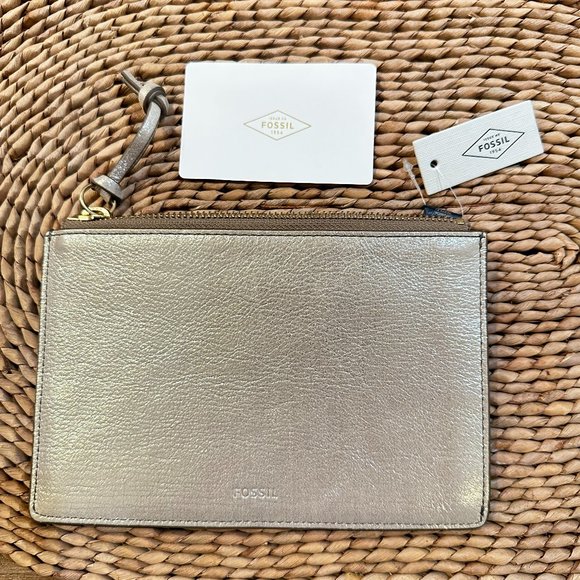 Fossil Women’s Leather Taupe Metallic Clutch Cosmetic Bag Wallet Small Pouch - Picture 1 of 2